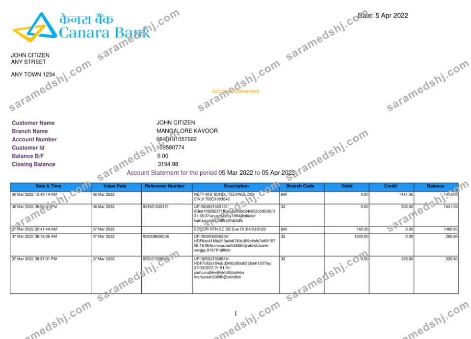 INDIA CANARA bank statement template, Word and PDF format, version 3